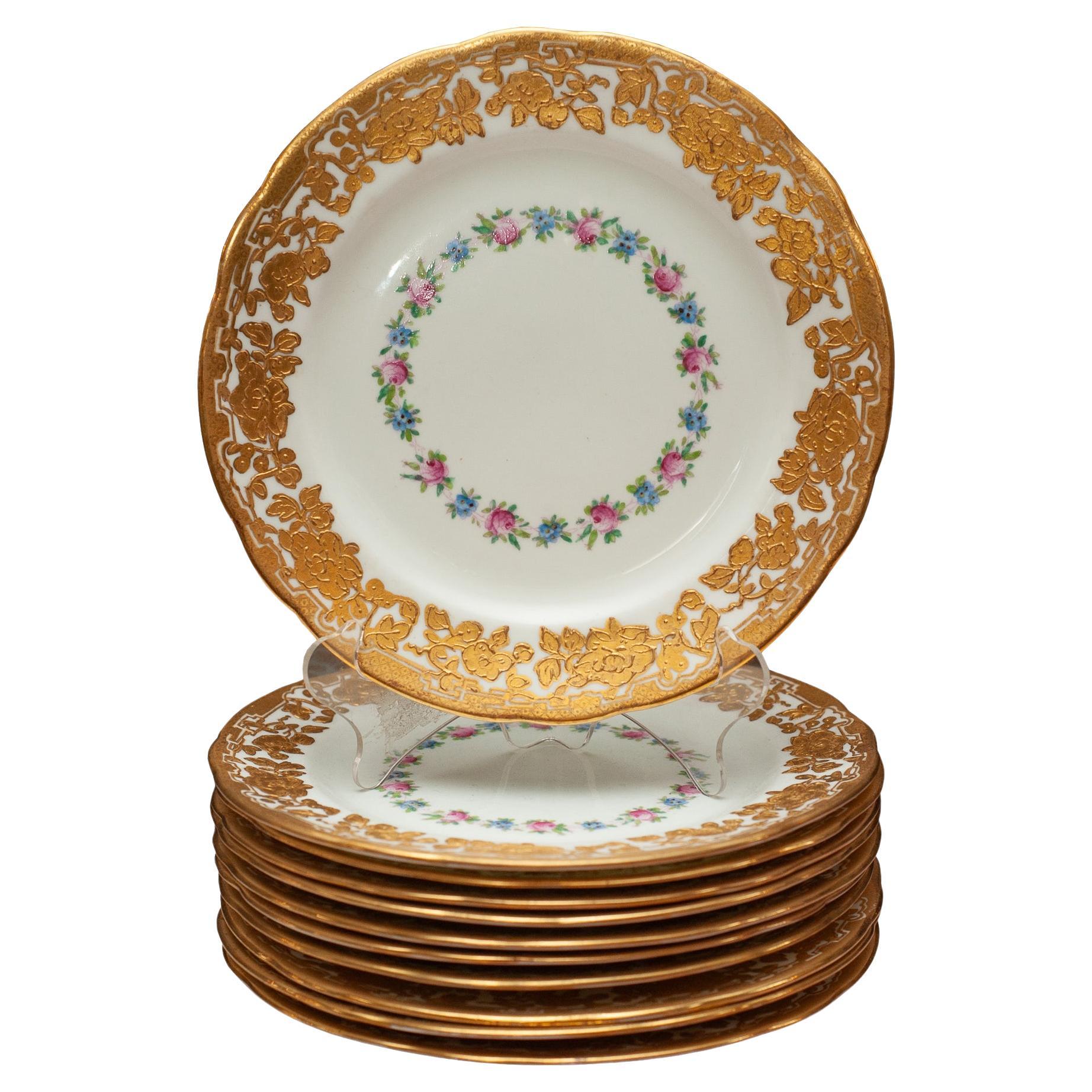 Antique Set of 11 Floral Gilded Side Plates for Ovington's Brothers, New York