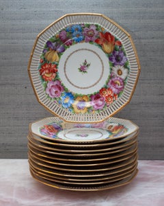 Antique Set of 12 Dresden Dinner Plates with Gallery Edge and Floral Painting