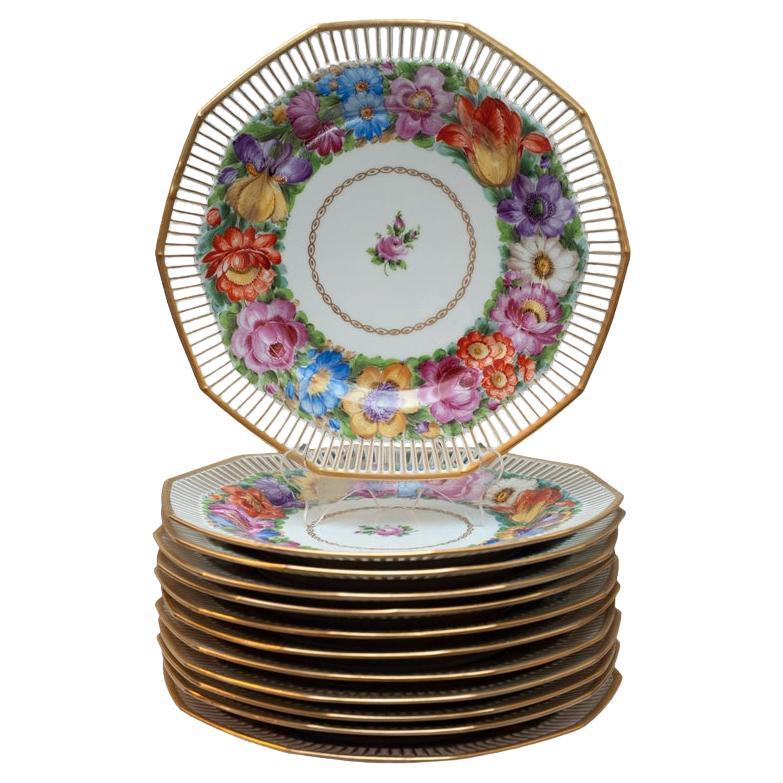 Antique Set of 12 Dresden Dinner Plates with Gallery Edge and Floral Painting