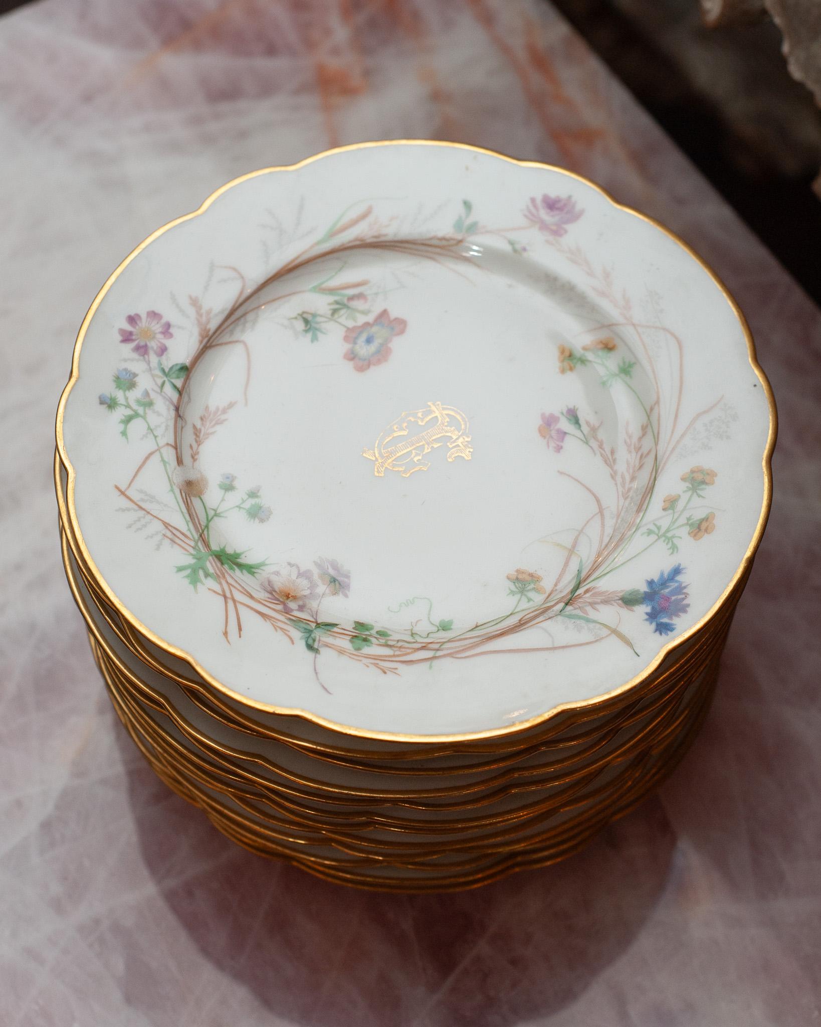 French Antique Set of 12 Floral Gilded Side Plates by H. Beziat, Paris France For Sale