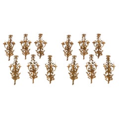 Antique Set of 12 French Louis Revival 3 Branch Ormolu Wall Lights 20th Century