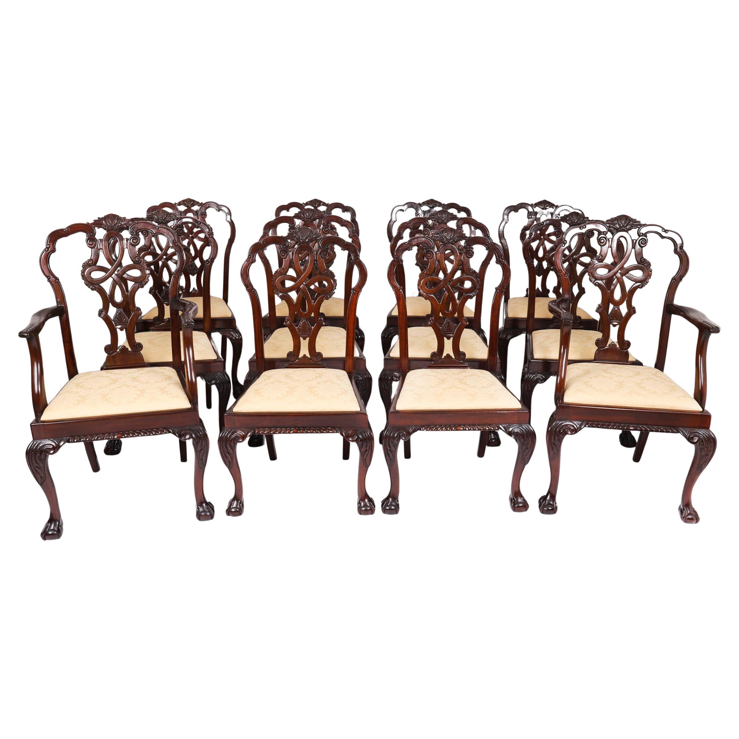Antique Set of 12 George II Style Chippendale Dining Chairs 19th Century