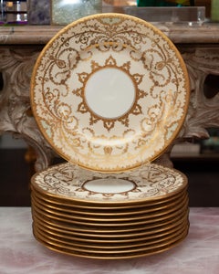 Antique Set of 12 Gold and Cream Coalport Dinner Plates