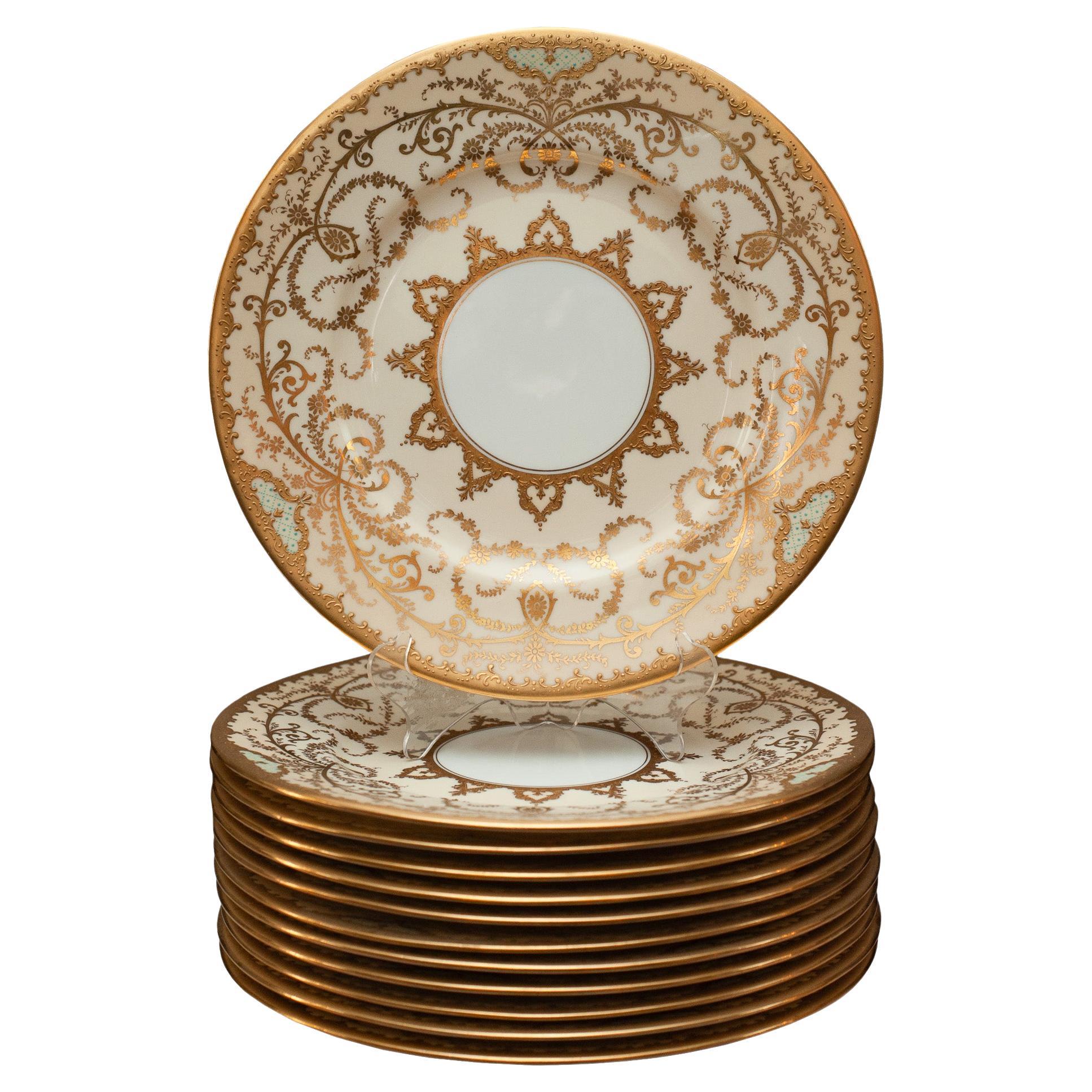 Antique Set of 12 Gold and Cream Coalport Dinner Plates For Sale