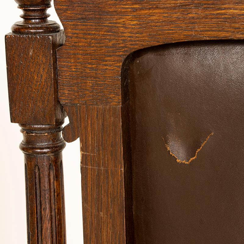 Antique Set of 12 High Back Oak Brown Leather Dining Chairs with Carved Details 6