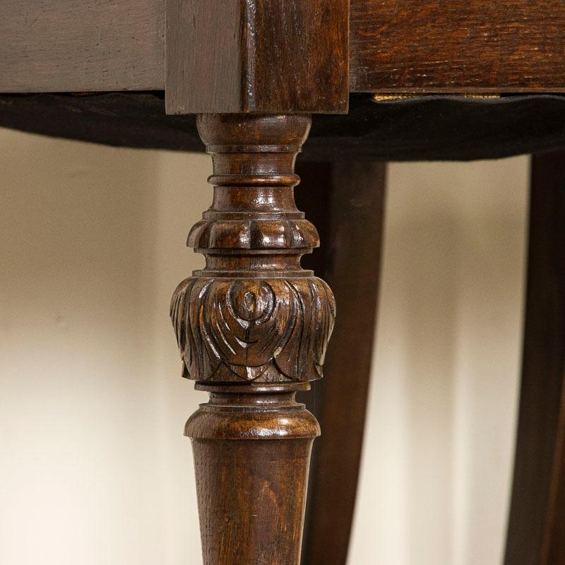 Antique Set of 12 High Back Oak Brown Leather Dining Chairs with Carved Details 4