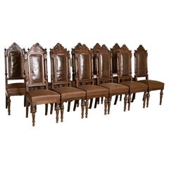 Antique Set of 12 High Back Oak Brown Leather Dining Chairs with Carved Details