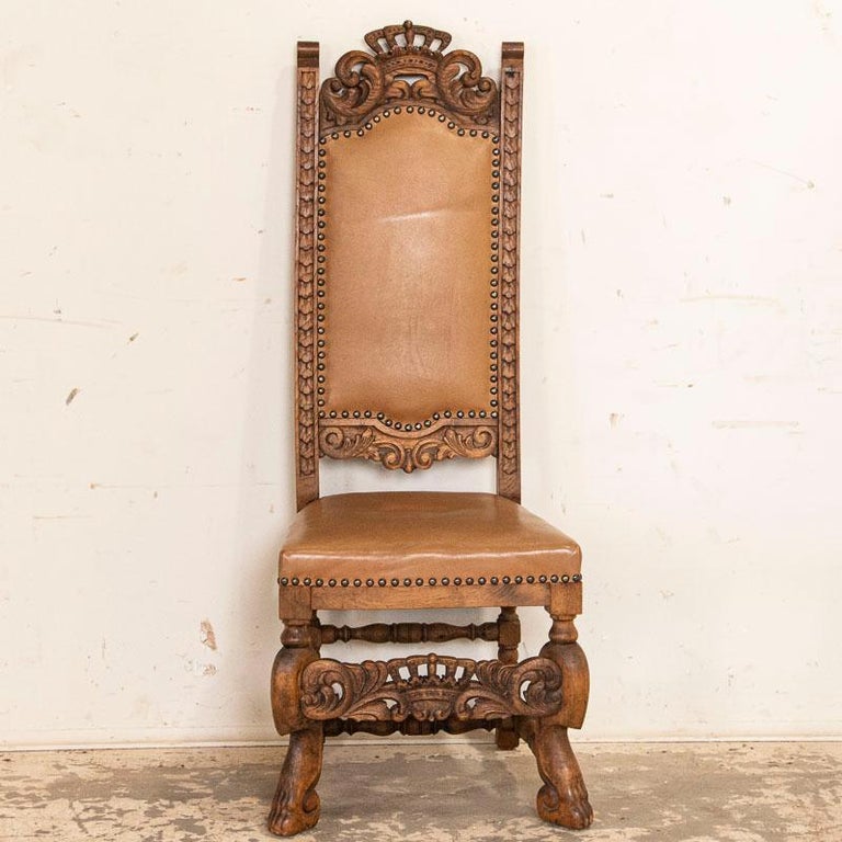Antique Set of 12 High Back Oak Dining Chairs with Carved Crown Details For Sale at 1stDibs