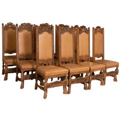 Antique Set of 12 High Back Oak Dining Chairs with Carved Crown Details