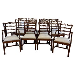 Antique Set of 12 Mahogany Chippendale Style Ladder Back Dining Chairs