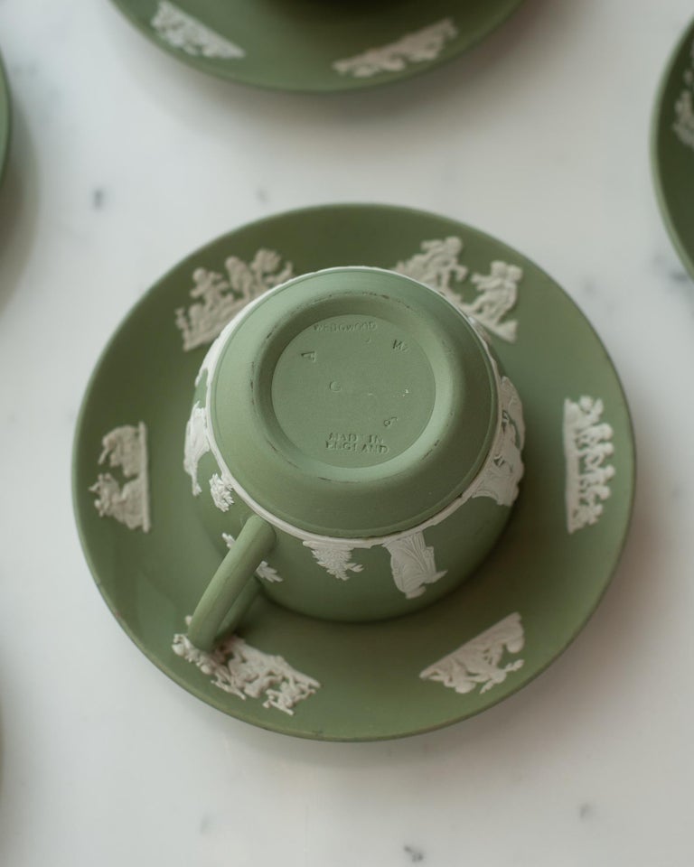 Antique Set of 12 Sage Green Wedgwood Jasperware Teacups and Saucers at