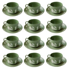 Antique Set of 12 Sage Green Wedgwood Jasperware Teacups and Saucers