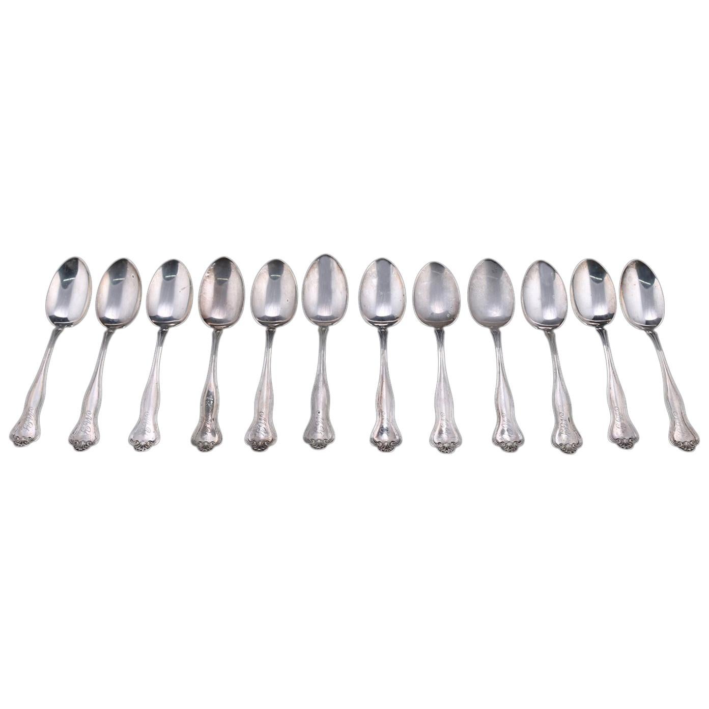 Antique Set of 12 Sterling Silver Teaspoons, 9.77 Toz, circa 1900
