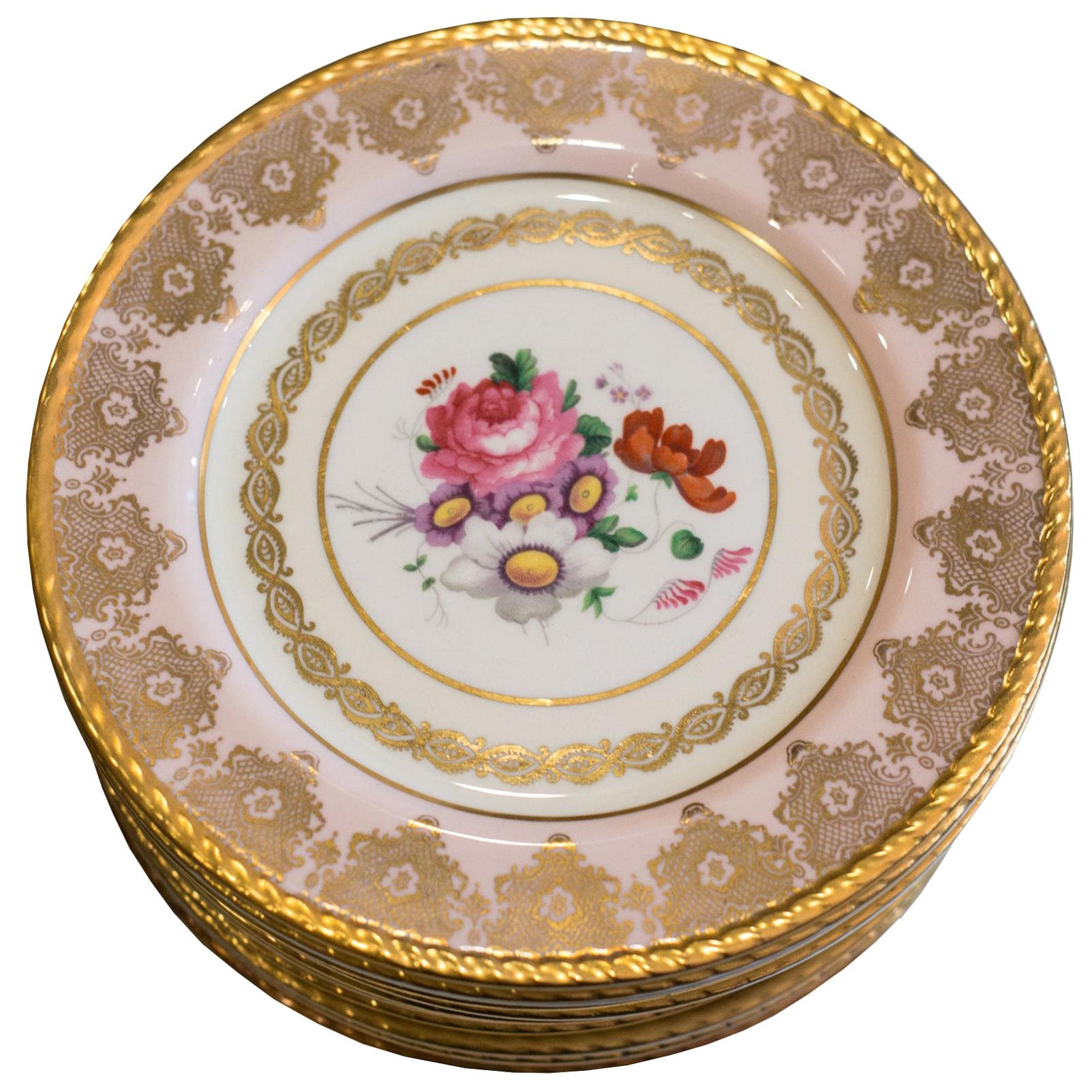 Antique Set of 15 Paragon Pink & Gold Gilded Bone China Dessert Plates