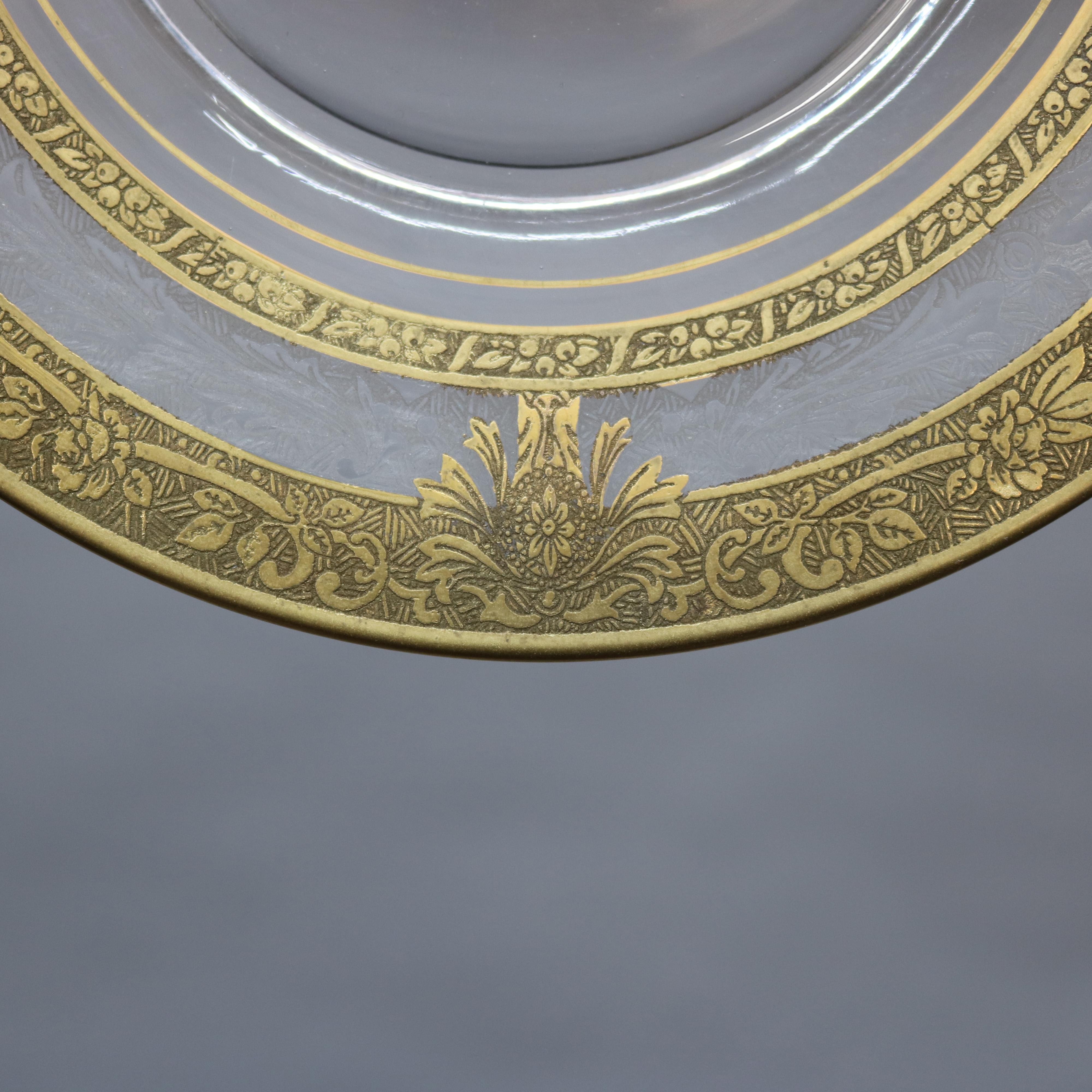Late Victorian Set of 16 Etched & Gilt Decorated Rimmed Glass Dessert Plates, 20th Century