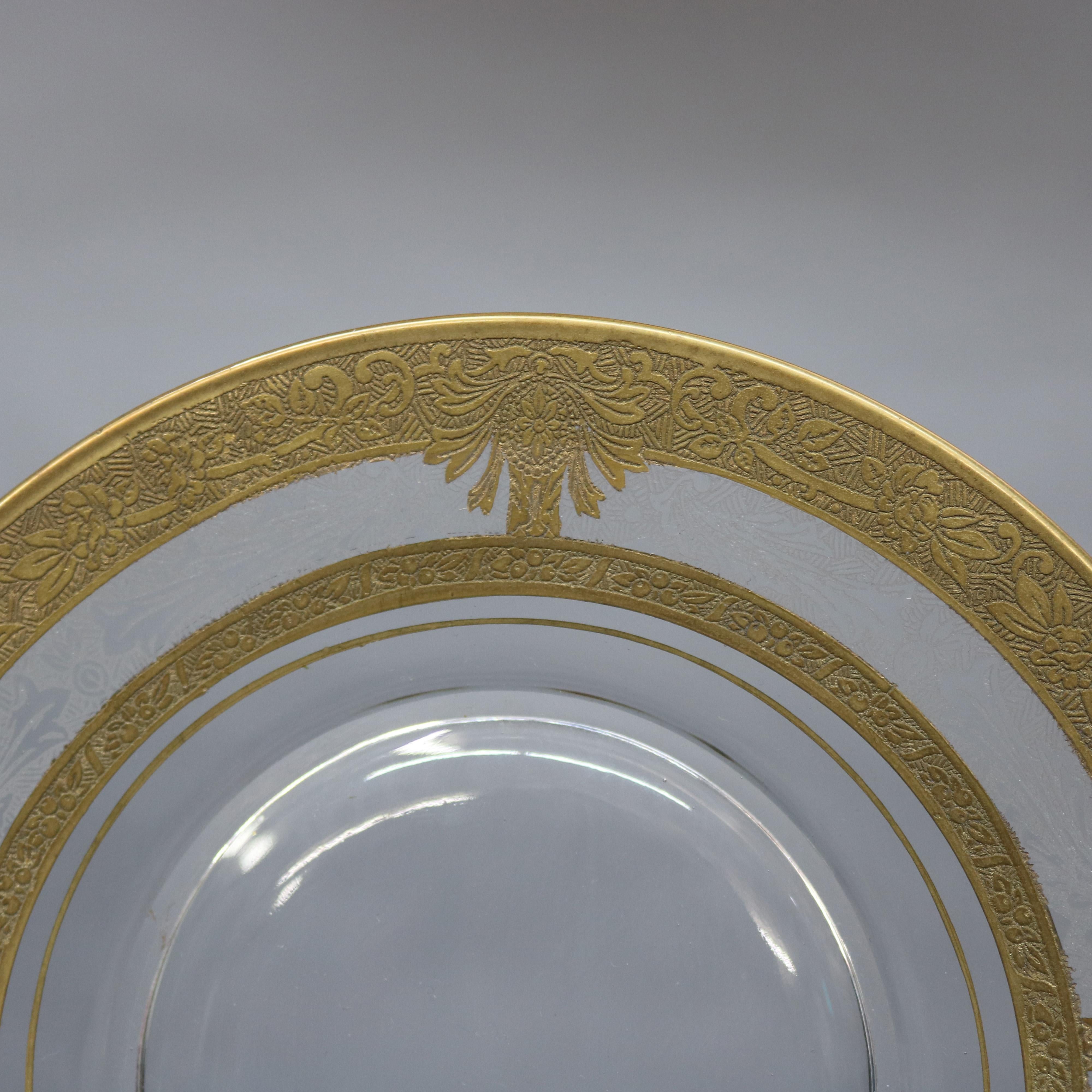American Set of 16 Etched & Gilt Decorated Rimmed Glass Dessert Plates, 20th Century