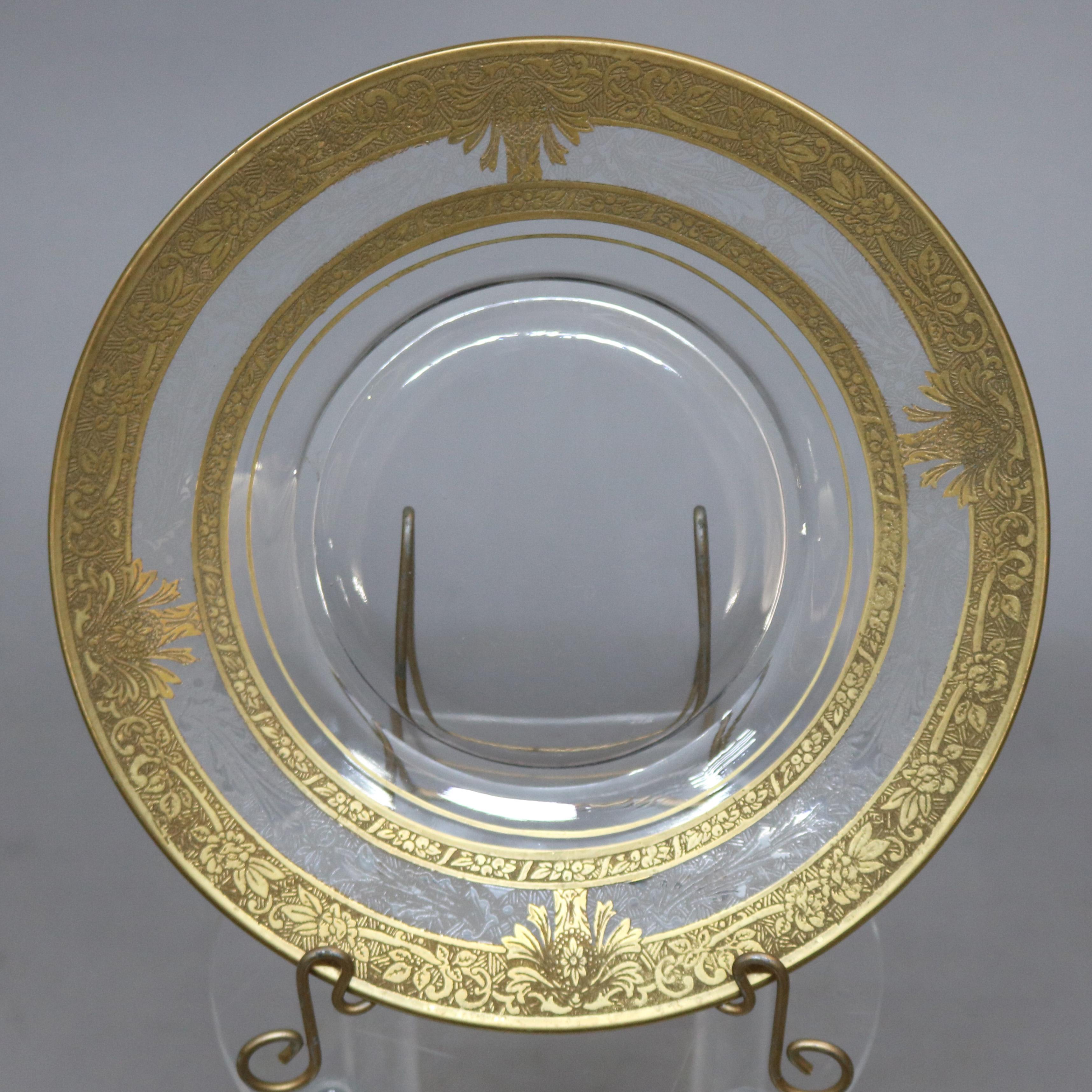 Set of 16 Etched & Gilt Decorated Rimmed Glass Dessert Plates, 20th Century In Good Condition In Big Flats, NY