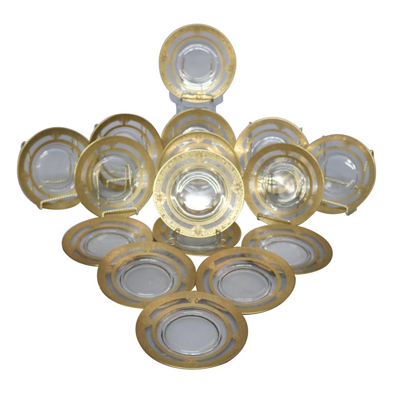 Set of 16 Etched and Gilt Decorated Rimmed Glass Dessert Plates, 20th
