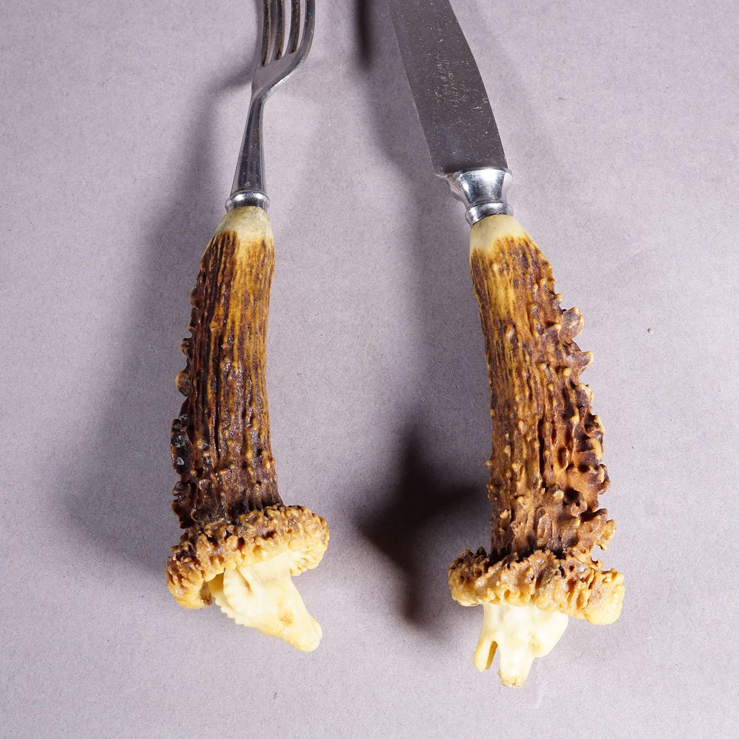 Black Forest Antique Set of 19th Century Rustic Cutlery with Carved Horn Handles For Sale