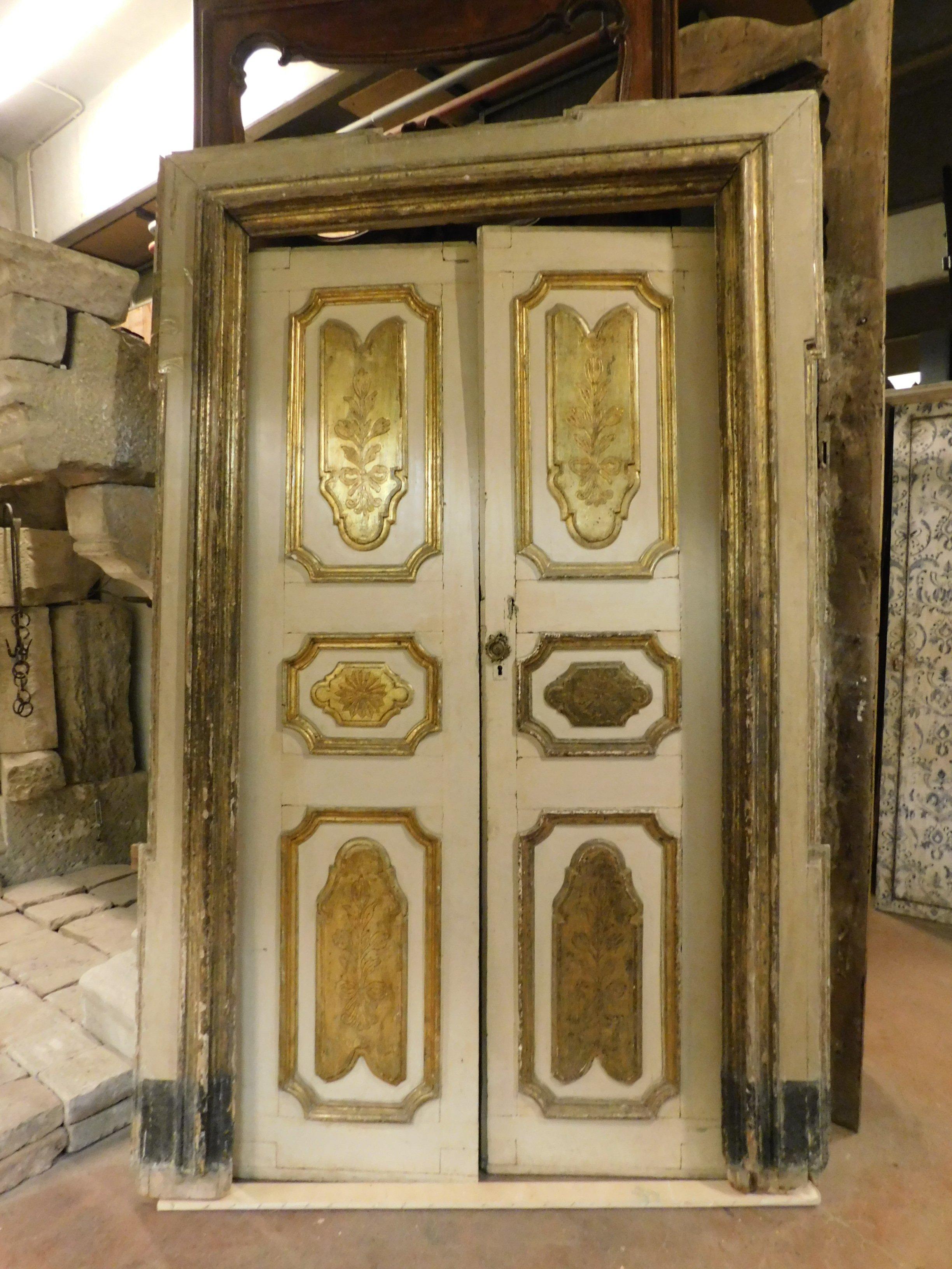 Italian Antique Set of 3 Double-Wing Doors, Ivory and Gilded, 18th Century, Italy For Sale