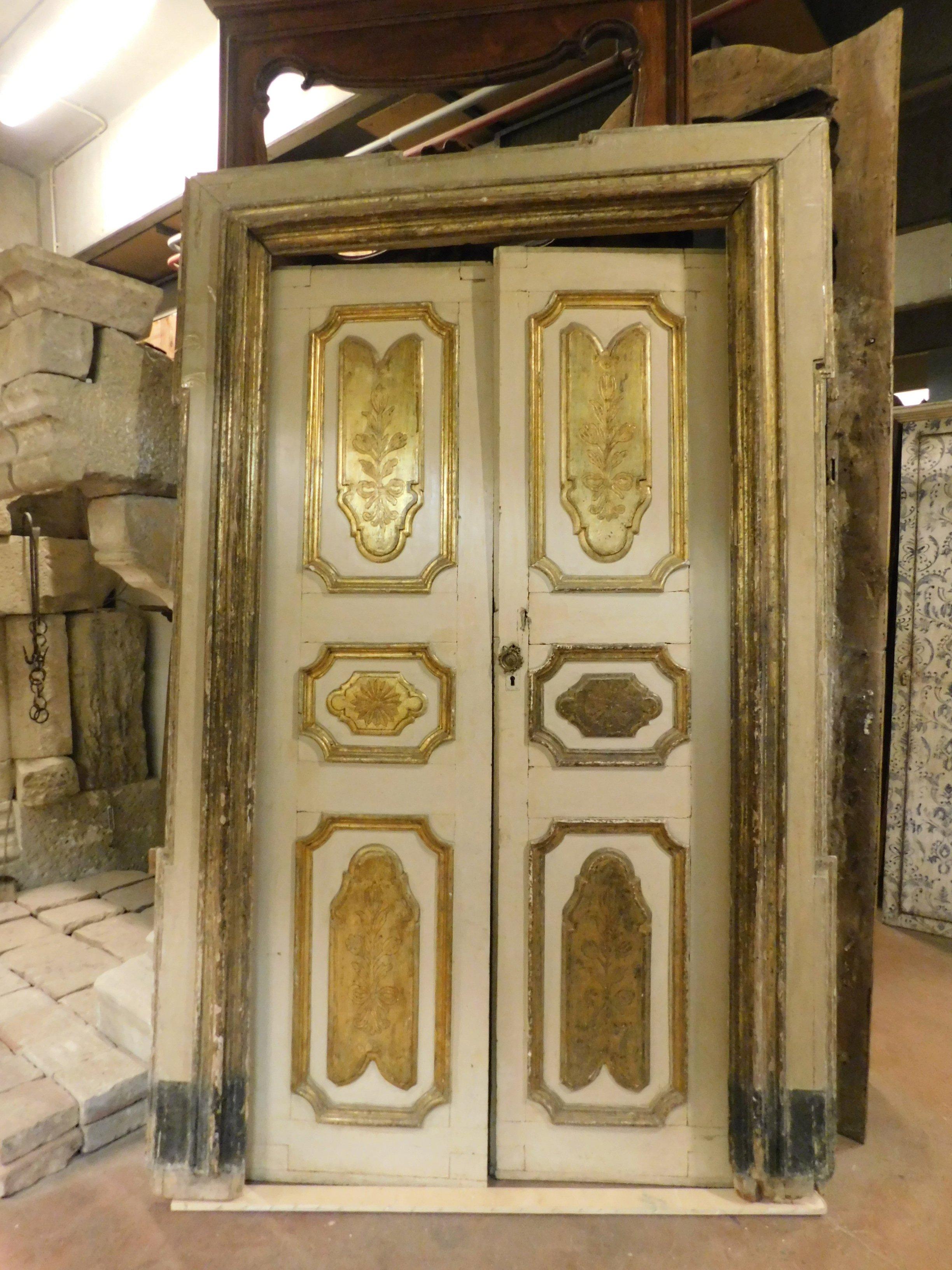 Gilt Antique Set of 3 Double-Wing Doors, Ivory and Gilded, 18th Century, Italy For Sale
