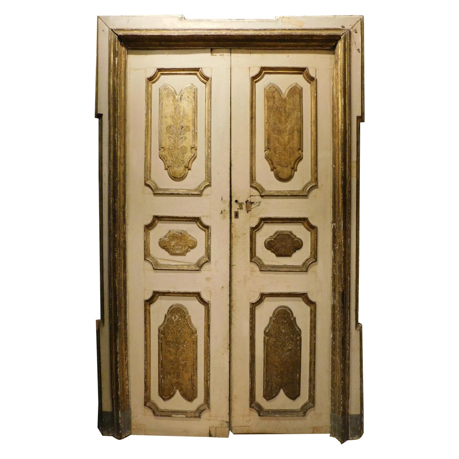 Antique Set of 3 Double-Wing Doors, Ivory and Gilded, 18th Century, Italy For Sale