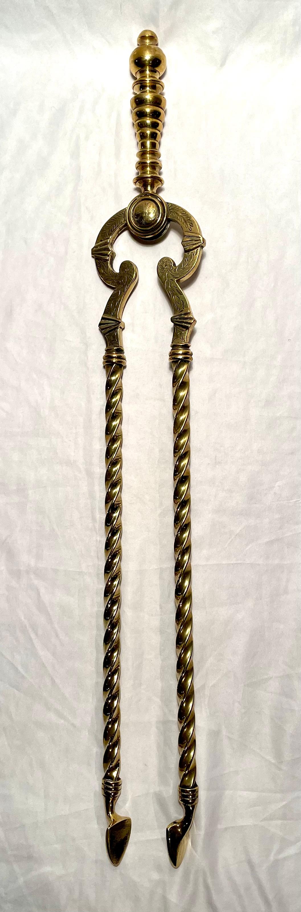 Antique set of 3 very fine English Victorian brass fire tools, circa 1865-1885.