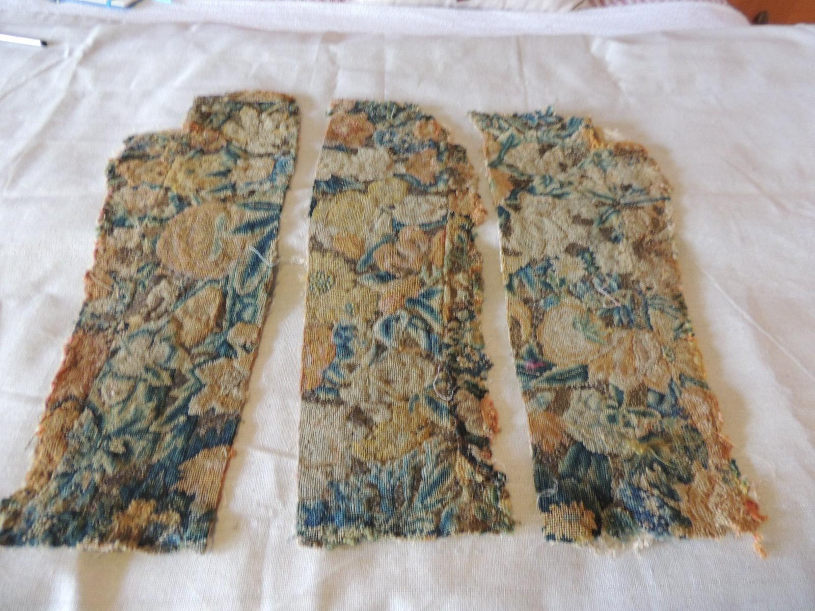 Antique set of (3) Floral Tapestry fragments.
Sizes range from 21 to 21.5 L by 7
