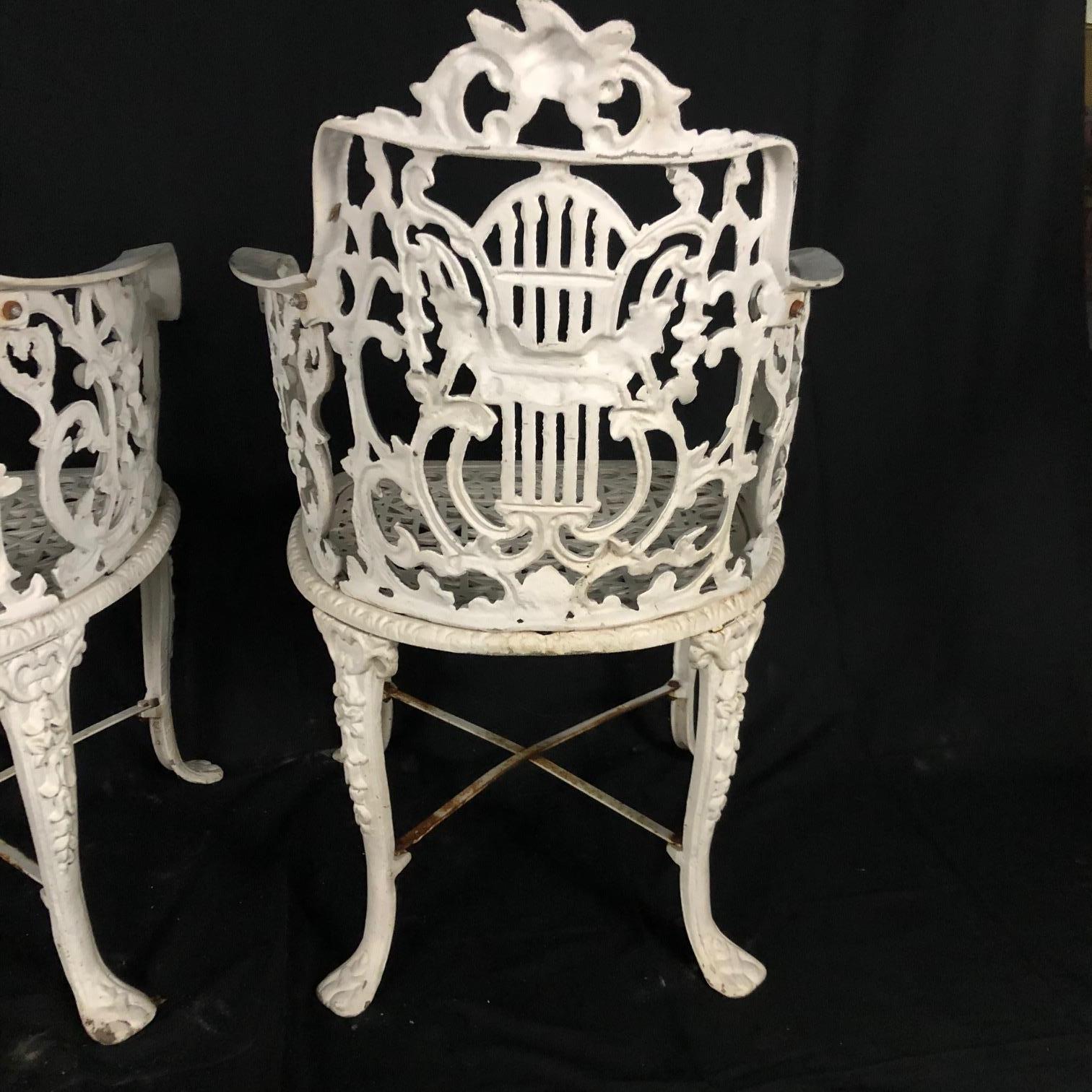 Antique Set of 3 Neoclassical Cast Iron Garden Armchairs and Table 2