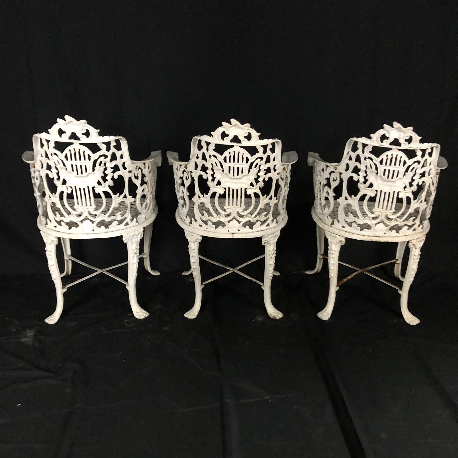 North American Antique Set of 3 Neoclassical Cast Iron Garden Armchairs and Table