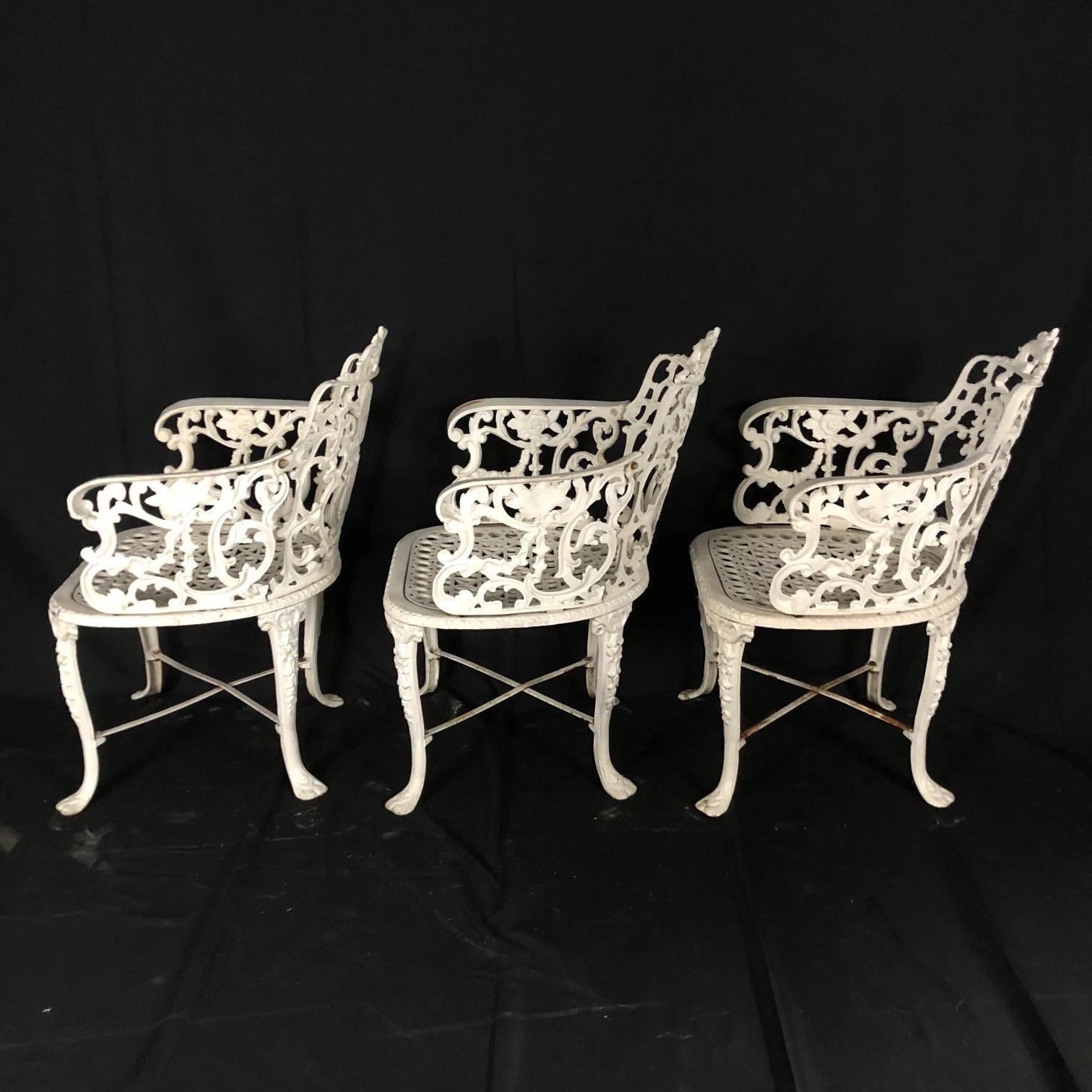 Antique Set of 3 Neoclassical Cast Iron Garden Armchairs and Table In Good Condition In Hopewell, NJ