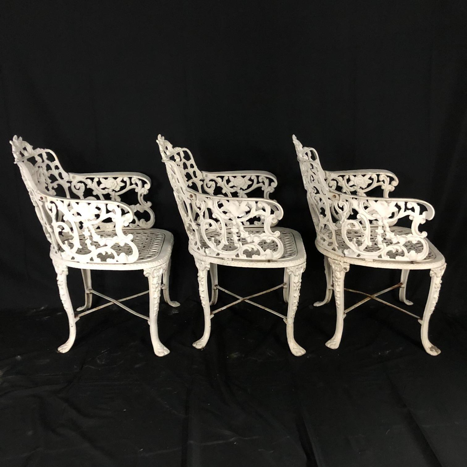 Antique Set of 3 Neoclassical Cast Iron Garden Armchairs and Table 1