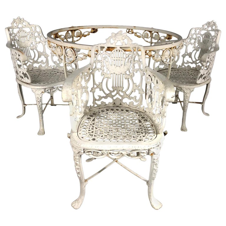 Neoclassical Cast Iron Garden Armchairs, Antique Cast Iron Patio Chairs