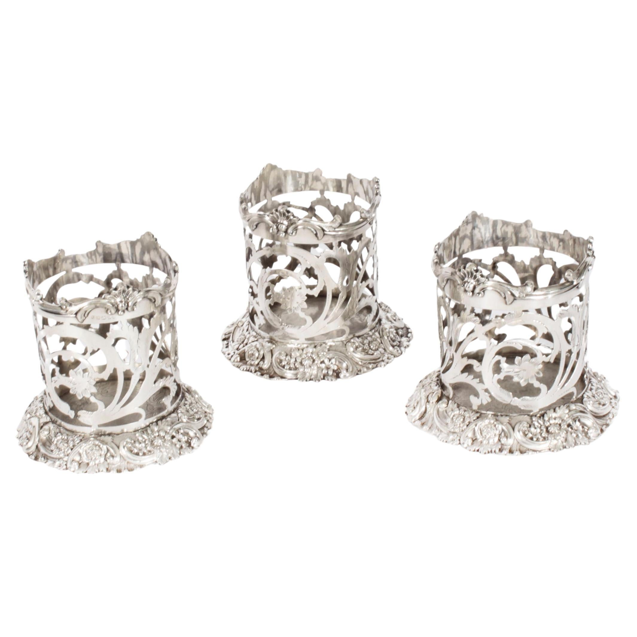 Antiguo juego de 3 posavasos victorianos Soportes para botellas de vino Siglo XIX