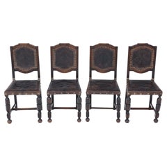 Antique Set of 4 19th Century Portuguese Oak and Leather Dining Chairs