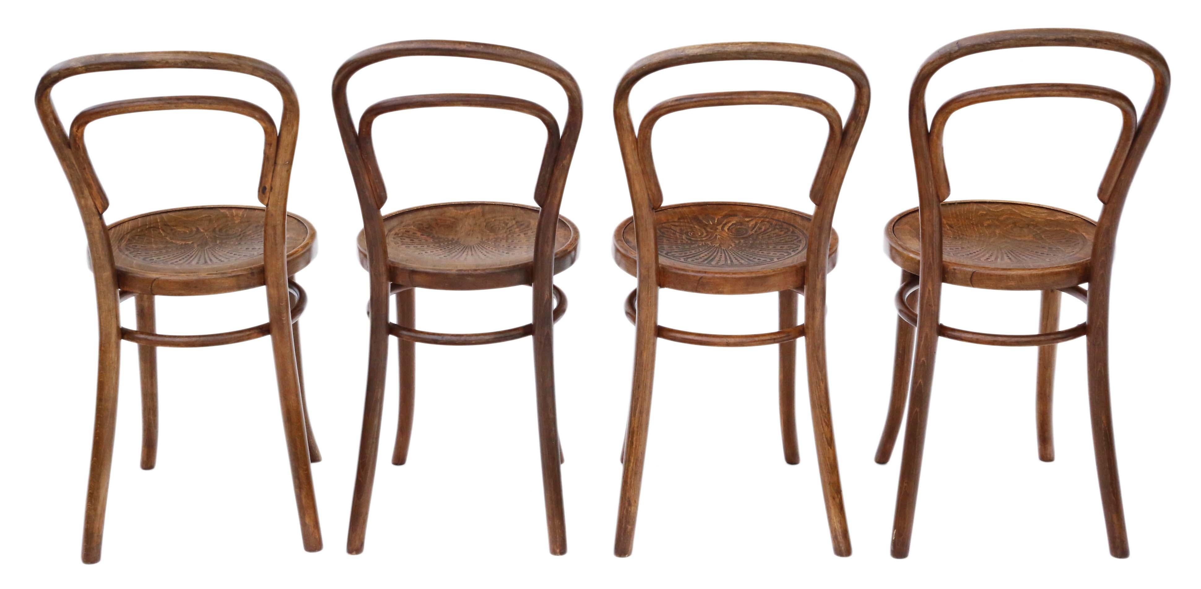 Antique quality set of 4 bentwood kitchen dining chairs, early 20th century.

Solid, no loose joints and no woodworm. Full of age, character and charm.

Would look great in the right location!

Overall maximum dimensions: 39cm W x 50cm D x