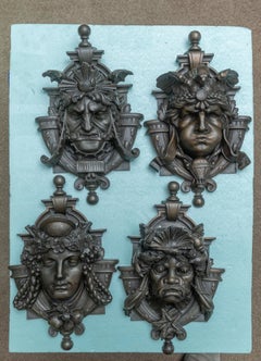 Antique Set of 4 Bronze Finish Whimsical Faces, Architectural, ca. 1890