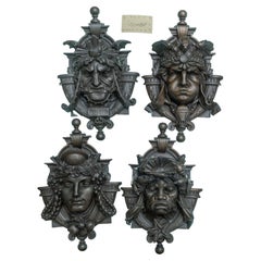 Antique Set of 4 Bronze Finish Whimsical Faces, Architectural, ca. 1890