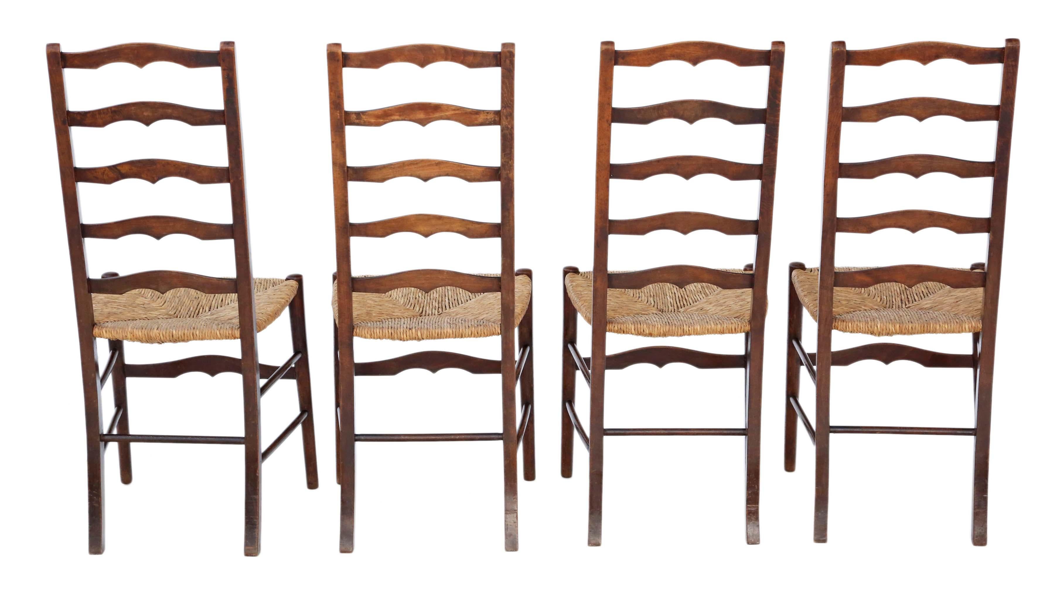 Antique set of 4 circa 1910-1920 beech and rush kitchen dining chairs.
Lightweight chairs that have no loose joints. Very decorative. No woodworm.
Would look great in the right location!
Overall maximum dimensions: 42cm W x 43cm D x 100cm H (46cm