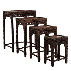 Antiquity Set of 4 Chinese Qing Dynasty Rosewood Carved Dragon Nesting Tables 1880
