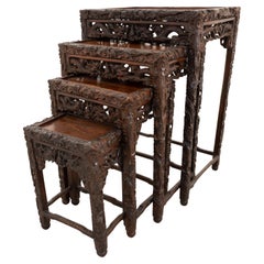 Antique Set of 4 Chinese Qing Dynasty Rosewood Carved Dragon Nesting Tables 1880