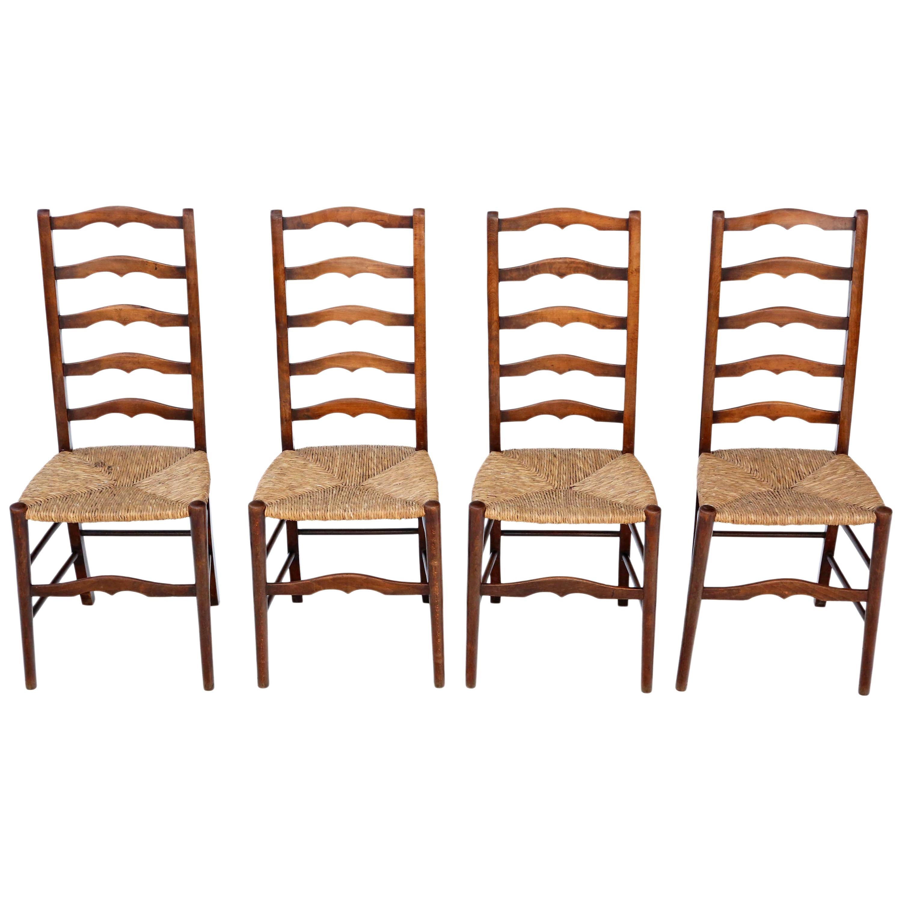 Antique Set of 4 circa 1910-1920 Beech and Rush Kitchen Dining Chairs