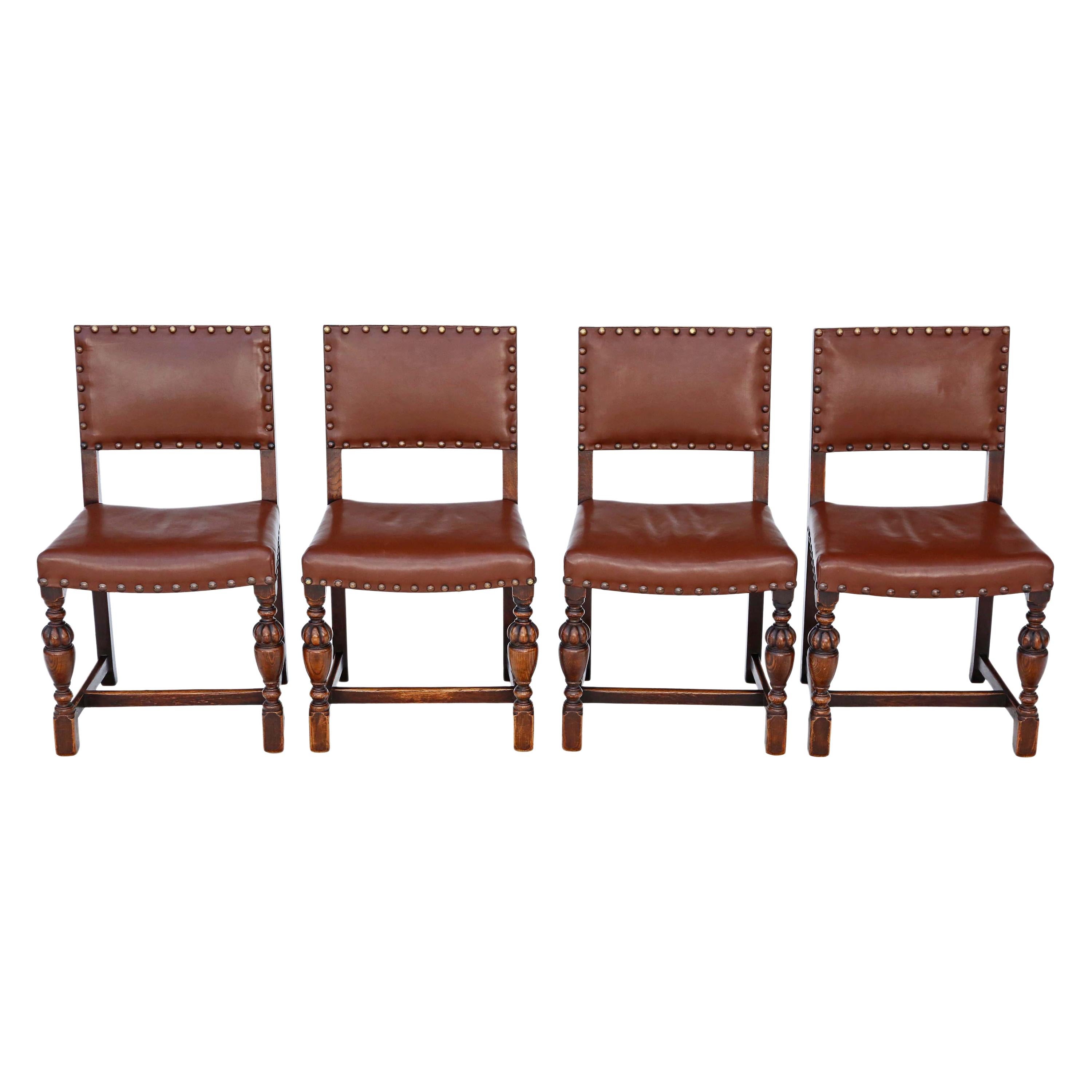 Antique Set of 4 circa 1920 Oak and Leather Dining Chairs Jacobean Revival