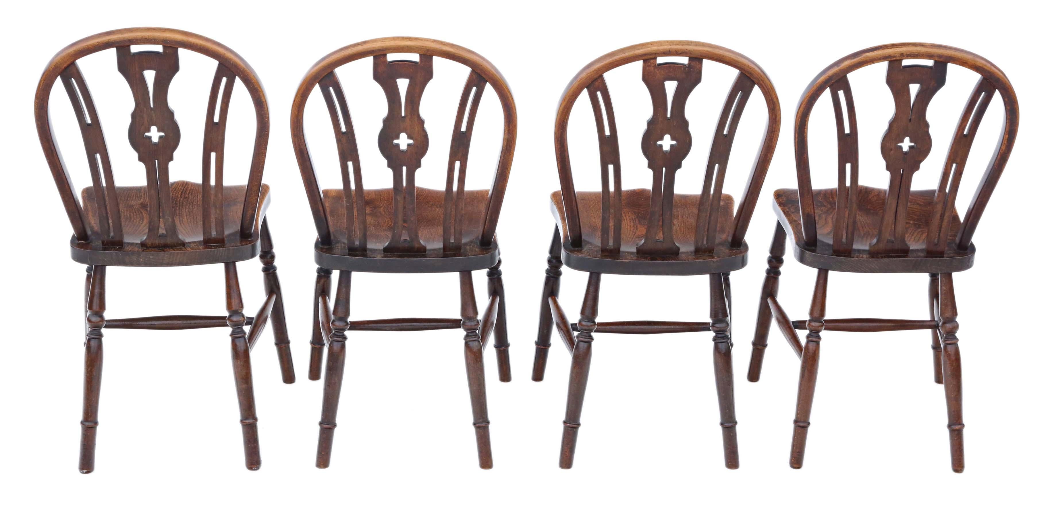Antique quality set of 4 elm and beech kitchen dining chairs C1900.

Solid, no loose joints and no woodworm. Full of age, character and charm.

Would look great in the right location!

Overall maximum dimensions: 44cm W x 47cm D x 92cm H (45cm
