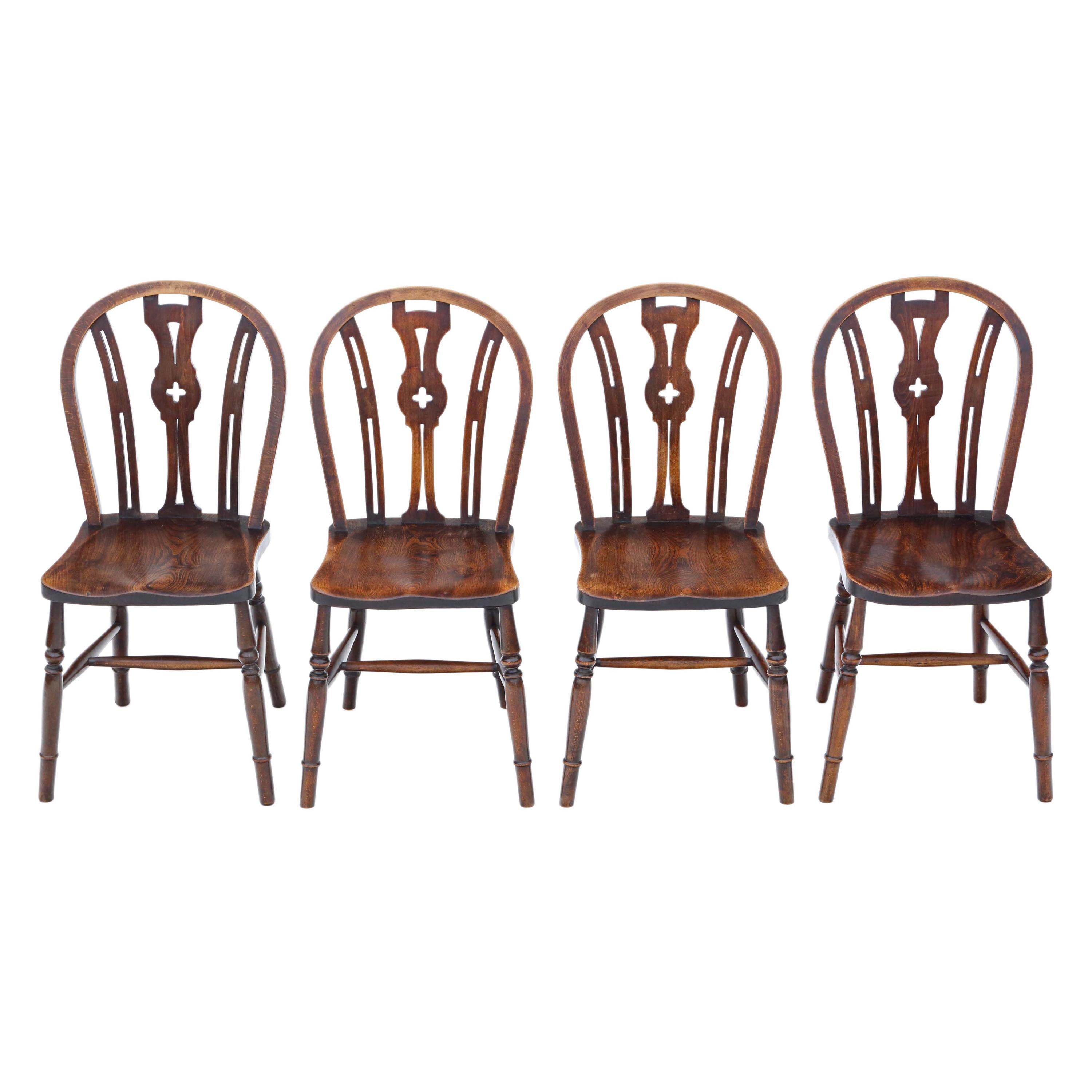 Antique Set of 4 Elm and Beech Kitchen Dining Chairs, C1900
