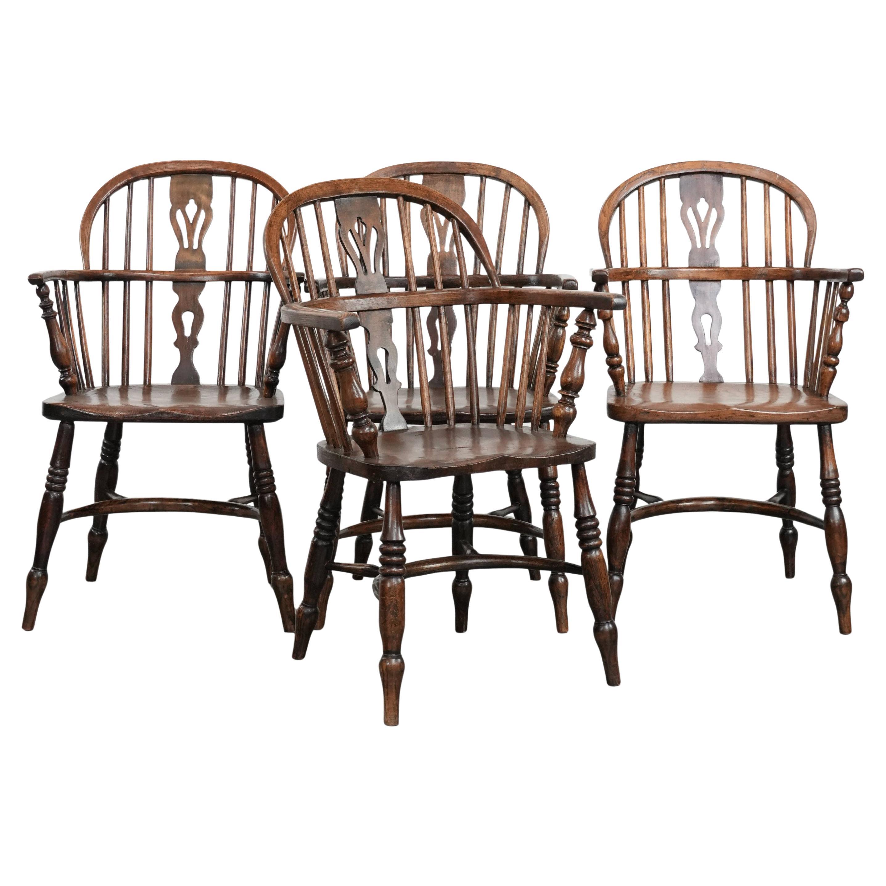 Antique set of 4 English Windsor lowback chairs with character