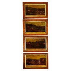 Antique Set of 4 Francis Grant Style Hunt Scenes Reverse Applied on Glass Framed