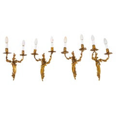 Antique Ensemble de 4 appliques en bronze doré de style French Rococo 19ème siècle