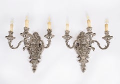 Antique Set of 4 French Silver Plated Wall Lights Appliques 20th Century
