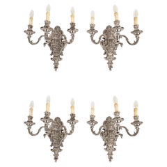 Antique Set of 4 French Silver Plated Wall Lights Appliques 20th Century